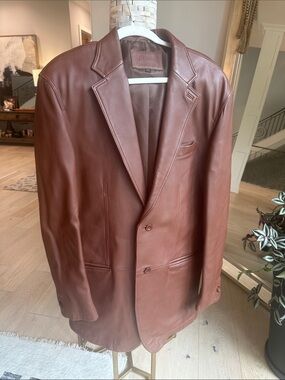 Men's Tan Leather Blazer - Classic Two-Button Sport Coat